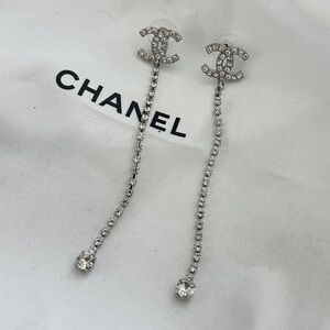 CHANEL Metal Baquette Round Crystal CC Drop Long Earrings